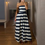 Daiiibabyyy  Striped Print Fashion Summer Long Dress Sexy Strapless Waist Pleated Holiday Dress Women Elegant Sleeveless Pocket Party Dresses