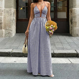 Daiiibabyyy  Women Deep V Neck Color Blocked Striped Vacation Dress Summer Backless Sleeveless Hanging Neck Beach Straps Leisure Long Skirt
