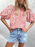 DAIIIBABYYY  -  Half Lantern Sleeve Fashion Tops, Women Summer Loungewear Solid Hollow Out Blouses, Ruffled Elegant Ladies Pullover Shirts