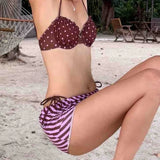 Daiiibabyyy  Striped Bikini Three Piece Swimsuit Sexy Purple Polka Dot Backless Camisole Slimming Women Summer Beach Vacation Swimming Party