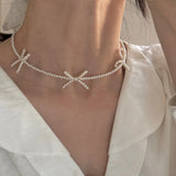 Daiiibabyyy  Korean Sweet Pearl Beaded Bowknot Clavicle Chain Ins Pearl Necklace Women Party Jewelry Girls Birthday Gifts