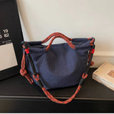 Daiiibabyyy  Vintage Multi-pocket Large Tote Bag Drawstring Shoulder Contrast Webbing Crossbody For Outdoor Hiking Daily Commute Handbags