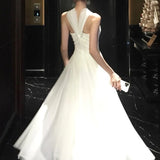 Daiiibabyyy  Autumn French Luxury Fashion Elegant Evening Gown Women Backless Tulle Pure White Strapless Long Dress Formal Occasion Clothing