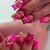 Daiiibabyyy  24Pcs Mid-length Square Head False Nails Press on Green French 3D Flower Design Fake Nails Reusable Finished Full Cover Nail Tip
