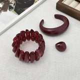 Daiiibabyyy  Exaggerated Wine Red Resin Wide Cuff Bangles Hip Hop Geometric Acrylic Bracelet Bangles For Women Men Ring Jewelry Set