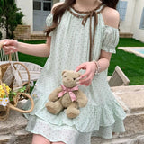 Daiiibabyyy  Summer Mint Green Polka Dot Layered Mini Dress Sweet Off Shoulder Female Clothing O-Neck Stylish Drawstring Bow A-Line Dresses