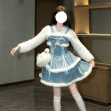 DAIIIBABYYY  -  Japan Kawaii Lolita Dress Sets Women Hooded Shawl Short Jackets Bow Mini Skirt Korean Style Sweet Red Christmas New Year Suit