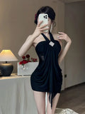 Daiiibabyyy  Pure and Unique Halter Neck Strapless Dress Nightclub Mesh Makes You Look Thin
