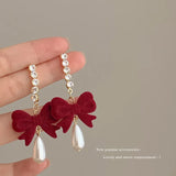 DAIIIBABYYY  -  New Romantic Winter Red Velvet Flocking Bow-knot Earrings Korean Fashion White Furry Ball Multi-style Dangle Earring Jewelry