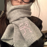 Daiiibabyyy  Japanese Cute Bow Scarf Winter Women's New Atmosphere Cold and Warm Neck Protection Knitted Scarf Embroidery