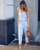Daiiibabyyy  Casual Women Jumpsuit Sleeveless High Waist Button Front Romper Light Blue Straight Leg Solid Color Denim Jumpsuit Drawstring