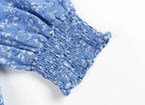 Daiiibabyyy  Retro French Style Blue Floral Print Square Collar Dress Puff Sleeve Elastic Ruched Chest Woman Dresses Holiday Robe Female