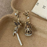 Daiiibabyyy  Retro Art Design Bird In Cage Pearl Tassel Asymmetric Earrings Women's Personalized Charm Jewelry Creative Gifts