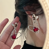 Daiiibabyyy 2024 New Korean Trendy Red Crystal Stone Dangle Earrings Simple Vintage Gothic Pearl Heart Pendant Earring Ear Drop Jewelry Gift