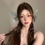 Daiiibabyyy Fairy Ear Headwear Crystal Hairpin Butterfly Tassel Side Clip Delicate Bridal Wedding Hair Accessories