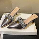 Daiiibabyyy  Metal Buckle Pointed Toe High Heels Slippers Women Summer New Fashion Slides Female Elegant Sandals for Women Zapatos De Mujer