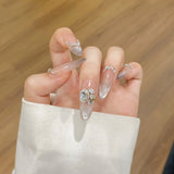 Daiiibabyyy 10pcs Detachable Almond Handmade False Nails With Diamond Bow Long Ballet Wearable Artificial Fake Nail with Glue Press On Nails
