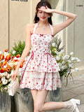 DAIIIBABYYY  -  Women Fashion Floral Bow Chic Neck-mounted Midi Dress Summer Elegant Ruffled Lolita Dress 2025 New Korean Bodycon Kawaii Dress