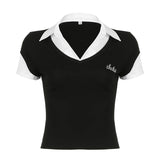 DAIIIBABYYY  -  Preppy Style Patchwork T-shirt Streetwear y2k Fake Two-piece Cropped Top Short Sleeve T-shirt Harajuku Women Summer Basic