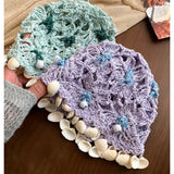 DAIIIBABYYY  -  Bohemian Ethnic Style Shell Pendant Hollow Pullover Hat Women's Summer Fashion Breathable Handmade Crochet Knitted Beanie Cap