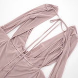 Daiiibabyyy  Mesh Sheer Sexy Open Back Swinging Neck Draped Folds High Waisted Big Swing Long-sleeve Mini Dress For Women Beach Clubwear