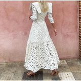 DAIIIBABYYY  -  Elegant Hollow Out Lace Maxi White Dress Women's Fashion Mock Neck Long Sleeved Shoulder Padded Robe Evening Females Wear