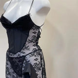Daiiibabyyy  Sexy Black Lace High Waist Nightgowns Side Split Suspender Dress Design Sense Spice Girl Skinny Slim Perspective Long Nightdress