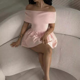 Daiiibabyyy Pink Knitted Mini Dress Women Elegant Fashion Off The Shoulder Bodycon Short Dresses Summer Sweet Girl Holiday Beach Dress 2024