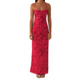 Daiiibabyyy  Women Summer Glitter Sequin Beaded Flower Cami Dress Slim High Split Spaghetti Strap Open Back Long Dresses for Party Club
