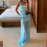 Daiiibabyyy  Women's Sexy Sleeveless Mesh Patchwork Solid Gowns Fashion Hight Waist Vacation Long Dress Elegant Off Shoulder Suspenders Dress