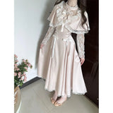 Daiiibabyyy  Sweet Elegant Vintage Lolita Dress Women Lace Capelet Long Sleeve Bow Lace Up Ruched Waist Slim Fit Long Dress Elegant Outfit