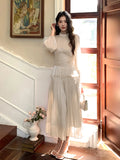 Daiiibabyyy  Autumn Light Luxury Pleated Waist Cinched Long Bubble Sleeve Dress A-line Casual Nail Bead Vintage French Style Party Dresses
