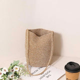 Daiiibabyyy  Casual Large Capacity Handwoven Bucket Bag Solid Color Straw Design Metal Line Bucket Bag Handmade Boho Shoulder Bag Beach