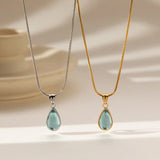 DAIIIBABYYY  -  Stainless Steel Water Drops Blue Crystal Necklace Women's Waterproof No Fading Clavicle Chain Snake Bone Titanium Steel Jewelry