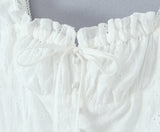 Daiiibabyyy  Sexy White Emboridery Flower Bow Ruched Chest Elastic Strap Mini Tank Dress Low Waist Spliced Folded Swing Women Sleeveless Robe