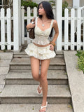 Daiiibabyyy  loral Print Ruffled Cami Top Tiered Skirt Set Slim Fit Sleeveless Summer Romantic Women Sundress Chic Sweet Lady Two-Piece