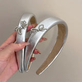 DAIIIBABYYY  - Elegant Silver Bow PU Leather Hair Hoop for Women High Head Top Hairband Unique Headband Hair Accessories
