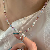 DAIIIBABYYY  -  New Korean Bowknot Beaded Necklace Women Crystal Class Gravel Clavicle Chain Sweet Cool Y2K Chokers Exquisite Fashion Jewelry