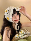 Daiiibabyyy Idyllic Flower Headscarf Women Summer Seaside Knitted Hollow Crochet Triangular Towel French Retro Bag Head Headband Trendy