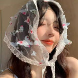 DAIIIBABYYY  -  Super Fairy Seaside French Lace Colored Butterfly Triangular Headscarf Female Bag Head Photo Tied Hair Silk Scarf Mesh Headband