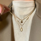Daiiibabyyy  Maillard Brown Natural Stone Pendant Necklace for Women Oval Opal Gold Color Charm Sweater Chain Chokers French Elegance Jewelry