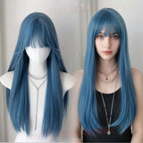 Daiiibabyyy  Blue wig With bangs Synthetic Wigs With Bangs Long Straight Cosplay Wig Natural Hair Heat Resistant For Women party Daily Use