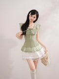 Daiiibabyyy  Vintage Japanese Square Collar Short Sleeve Solid Lace Patchwork Bow Women Blouse