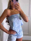 Daiiibabyyy  Women Abstract Print Satin 2 Piece Set Strapless Top High Waist Bodycon Shorts Sets Casual Summer Beach Vacation Casual Outfits