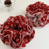 Daiiibabyyy  Women's Nice Scrunchies Sweet Style New Korean Hair Tie Red Floral Lace Large Intestine Loop Hair Bun Bun Hairstyle Accessory