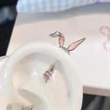 Daiiibabyyy  1Pcs Cute Pink Rabbit Ear Stud Y2K Zircon Artistic Sweet Design Unique Exquisite Beautiful Ear Bones Earrings Women's Jewelry