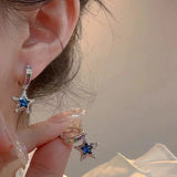 Daiiibabyyy Blue Rhinestone Star Pentagram Hoop Earrings for Women Hot Girls Crystal Ear Bone Nail Piercing Earring Y2K Fashion Jewelry Gift