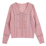 DAIIIBABYYY  -  Braided Lace Up Knitted Sweater Top for Women, Autumn and Winter Hollow Out Lazy Sweet Style Loose Sweater