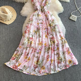 Daiiibabyyy  Vintage New Printing Slip Dress for Women Fashion A-Line Ruffled Robe Femme Sweet Backless Korean Dresses Vestidos De Mujer