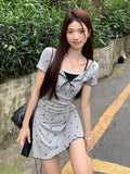 Daiiibabyyy  Korean Floral Sweet Dress Women Lace Patchwork Slim Mini Dress Casual Fashion Preppy Style Short Sleeve Female Cute Dress